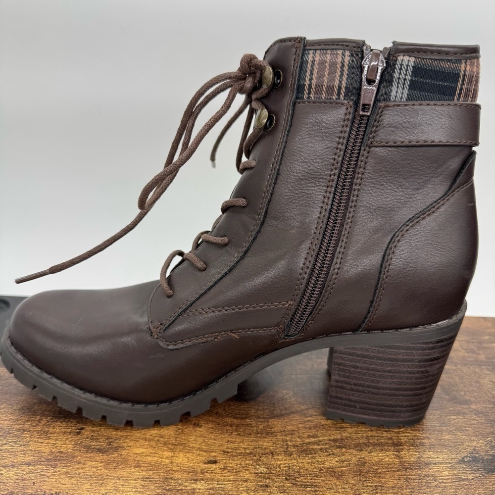 Seychelles Lace-Up Heeled Combat Boots – Brown with Plaid Cuff – Size 9.5 - Picture 11 of 11